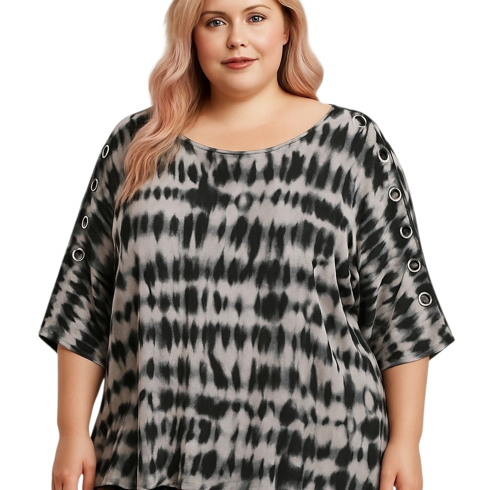 Belle by Belldini 2X Black Gray Tie-Dye Top Grommet Sleeve Knit Blouse